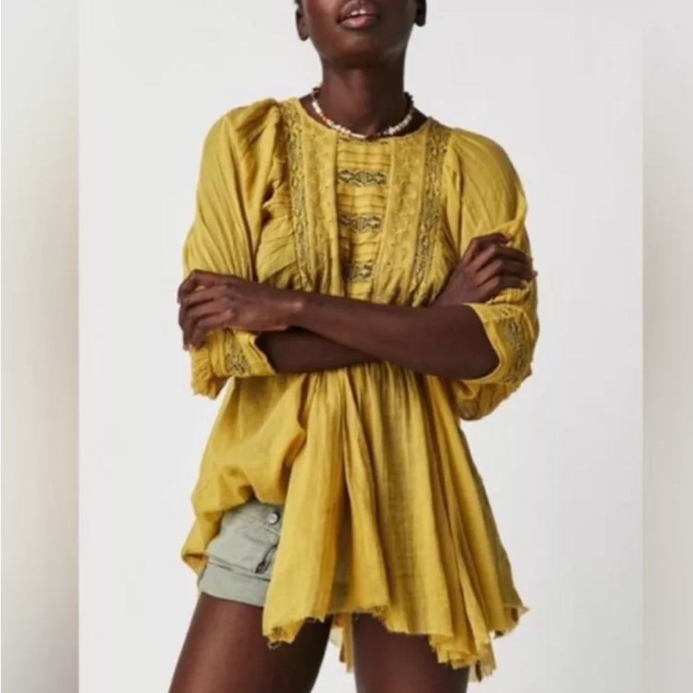 NWT Free People Fp One Finley Tunic in Dried Palm Boho Short Sleeves Laced Top